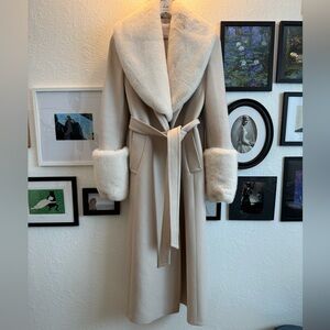 Mango Cream Long Coat with Faux Fur Trim